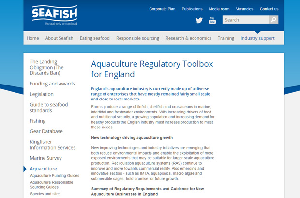 SEAFISH webpage showing the aquaculture toolkit