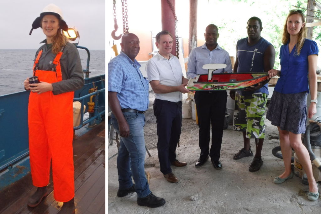 Left a woman on the deck of a ship. Right a group of people holding a model boat