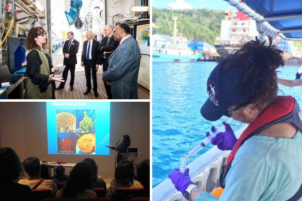 Upper left: a woman talking to a group of people in front of a screen. Lower Left: a woman presenting a powerpoint to a packed lecture theatre. Right: a woman collecting water samples on a boat