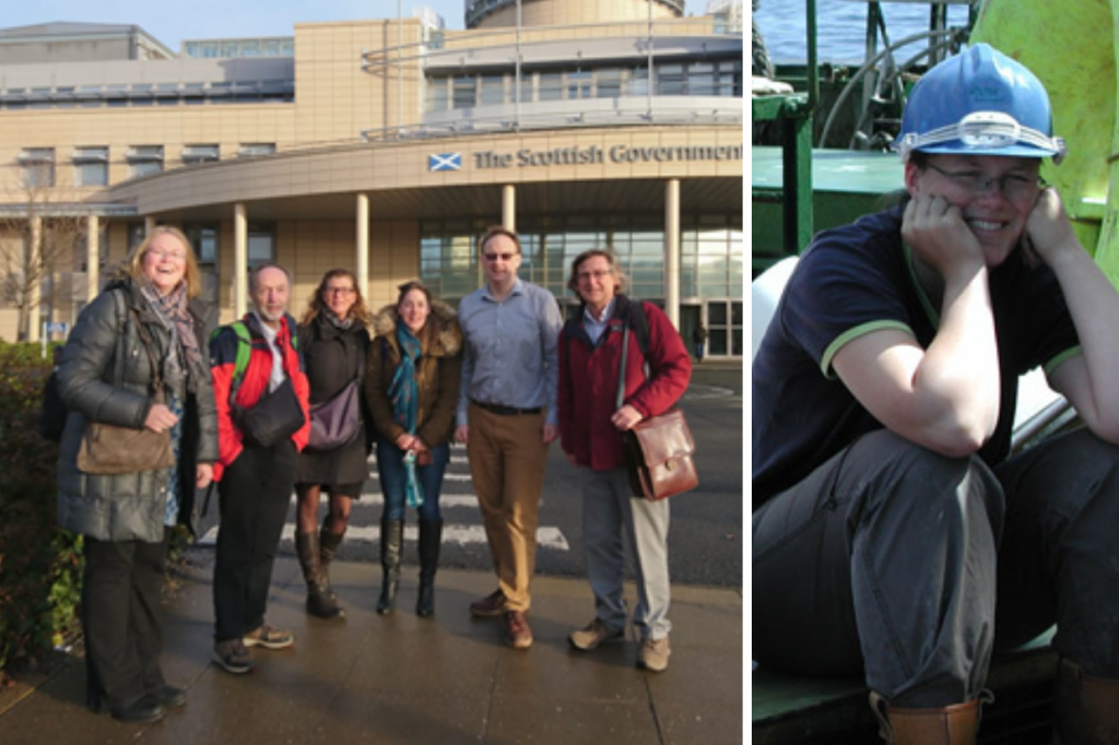 left: a group of people standing outside a building. Right a woman sitting on the deck of a boat