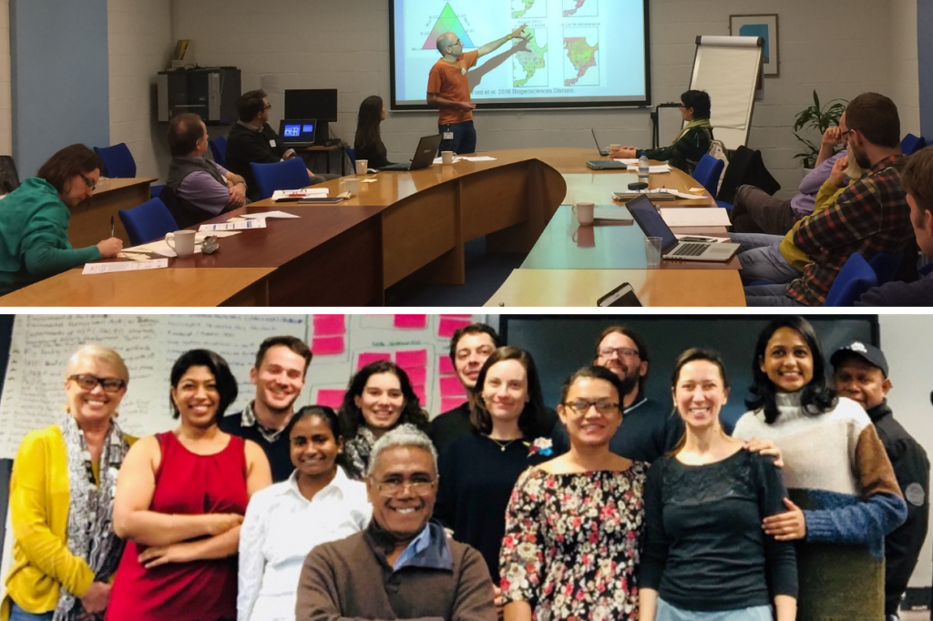 Above a group of people watching someone present. Below: a group of people in front of a white board with post it notes