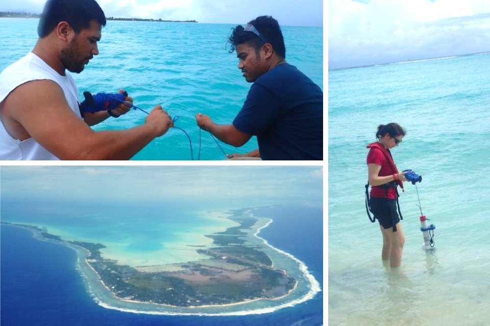 top left two people gathering water samples, bottom left aerial shot of atoll, right woman collecting water samples