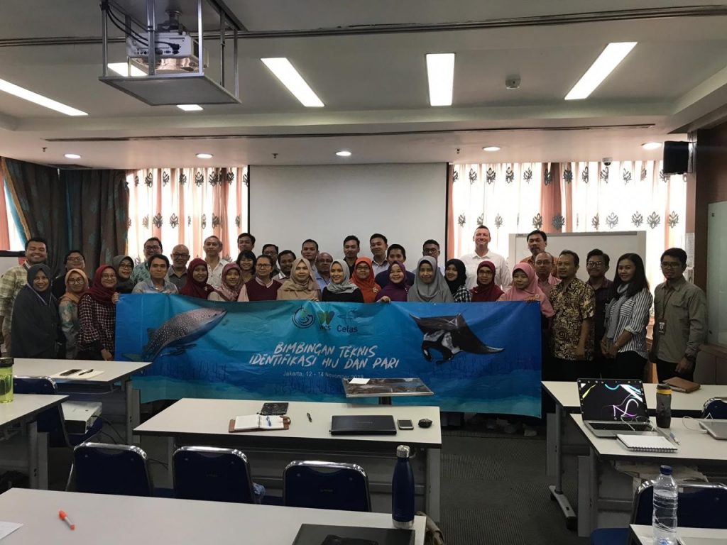 people in a classroom holding a banner showing ray and shark species