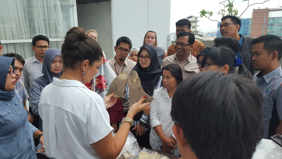 people watching a woman show shark fins