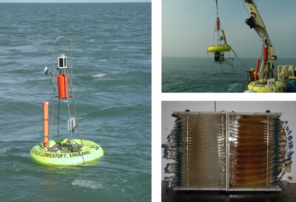 Smartbuoy at sea and plankton sampling equipment