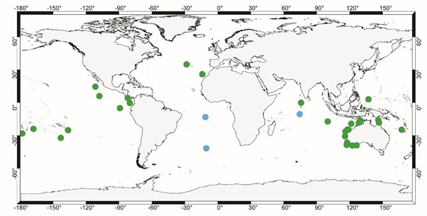 Locations of mid-water surveys (green) with UK Overseas Territories indicated in light blue