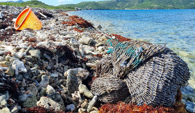 ALDFG, Trawl net and fishing basket on the shoreline on Beef Island