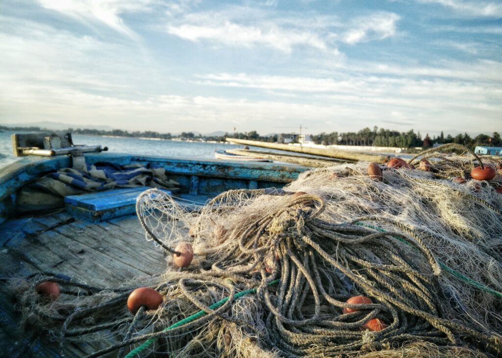 Fishing net onboard a boat