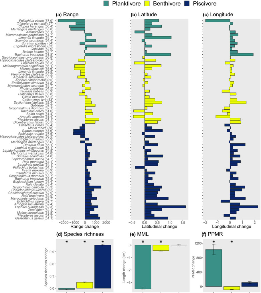 Predicted change in the distribution of species assigned to feeding guilds, feeding guild species richness, mean maximum length (MML) and predator-prey mass ratios (PPMR) from 2020 to 2095 