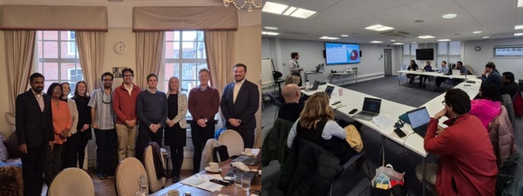 group of people in left photo and people sat at desks in right photo