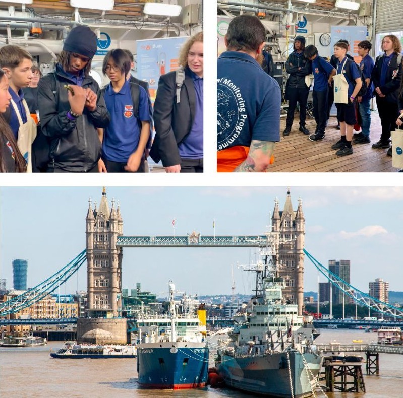 Two images of students on board the RV Cefas Endeavor listening to a talk and one image of the RV moored up next the HMS Belfast with London bridge visible in the background.