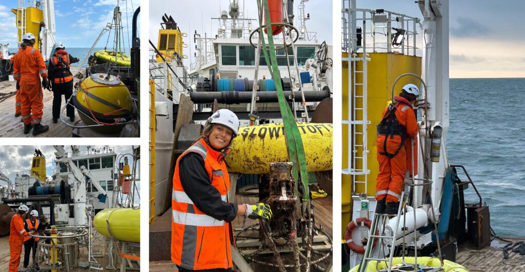 photos of people in high vis working on science kit on ship's deck