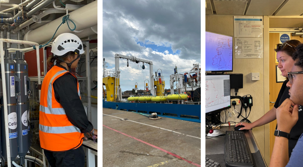 Person in orange hih vis at a laptop with science kit nearby, a ship next to dock and 2 people looking at a laptop with a map on it