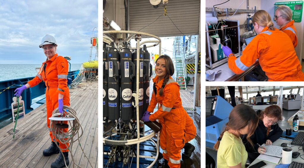 people in orange boiler suits working on science kit on ship's deck and some writing at a desk