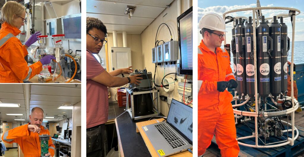 people in orange boiler suits filering water and walking next to science kit on deck and one person working on wiring at a desk