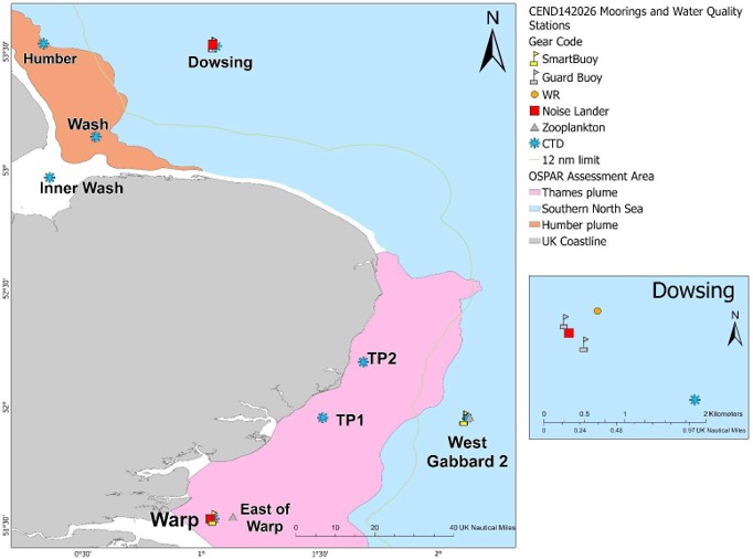 map of East of England and sea with points in the sea showing where the survey stopped to work